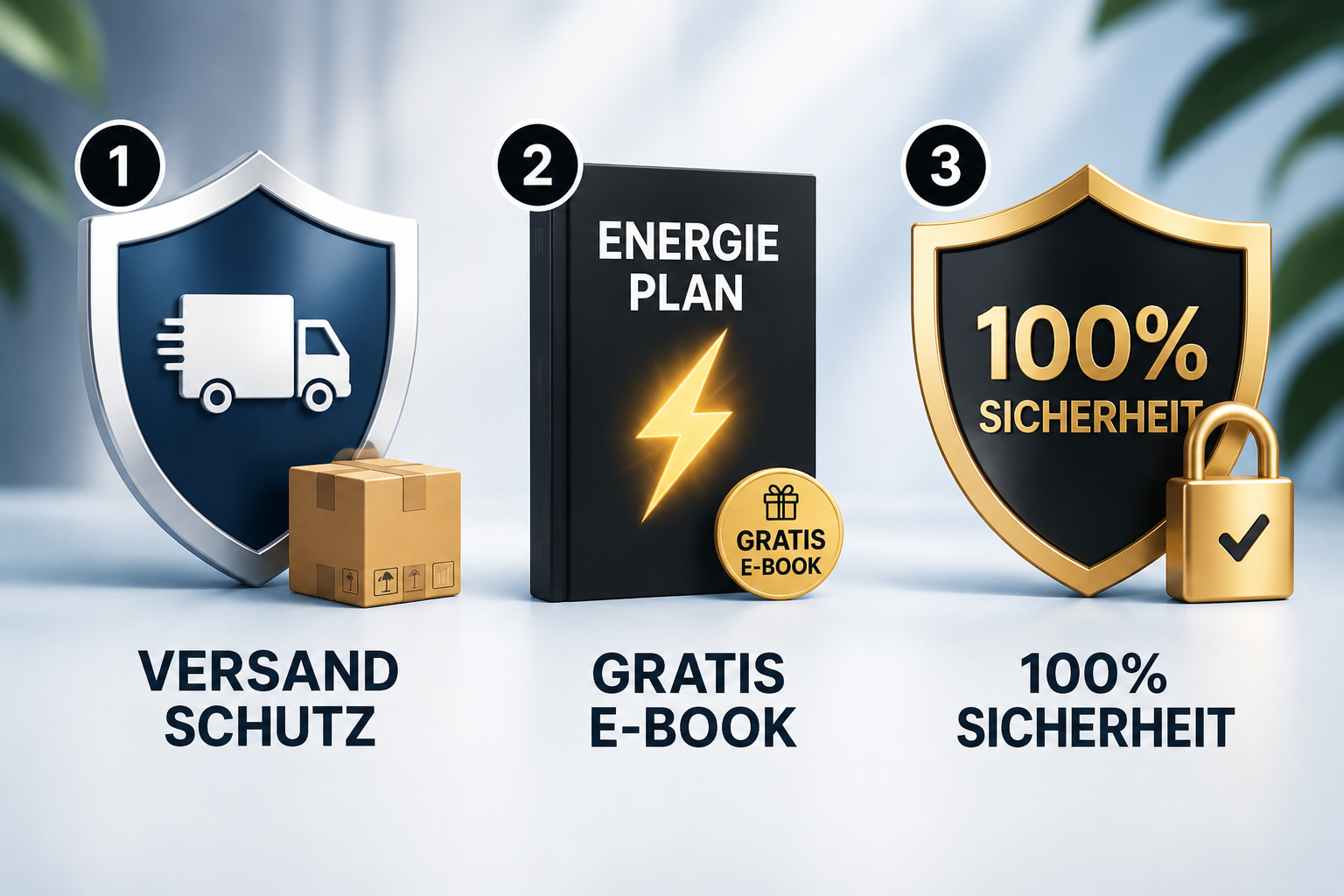 Versandschutz + Energie-Plan + 100% Versicherung + Verlängerte Geld-zurück Garantie